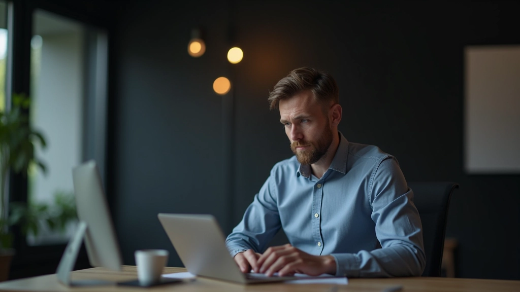 Muž pracuje na počítači s finančním softwarem, tmavá kancelář, ostré detaily