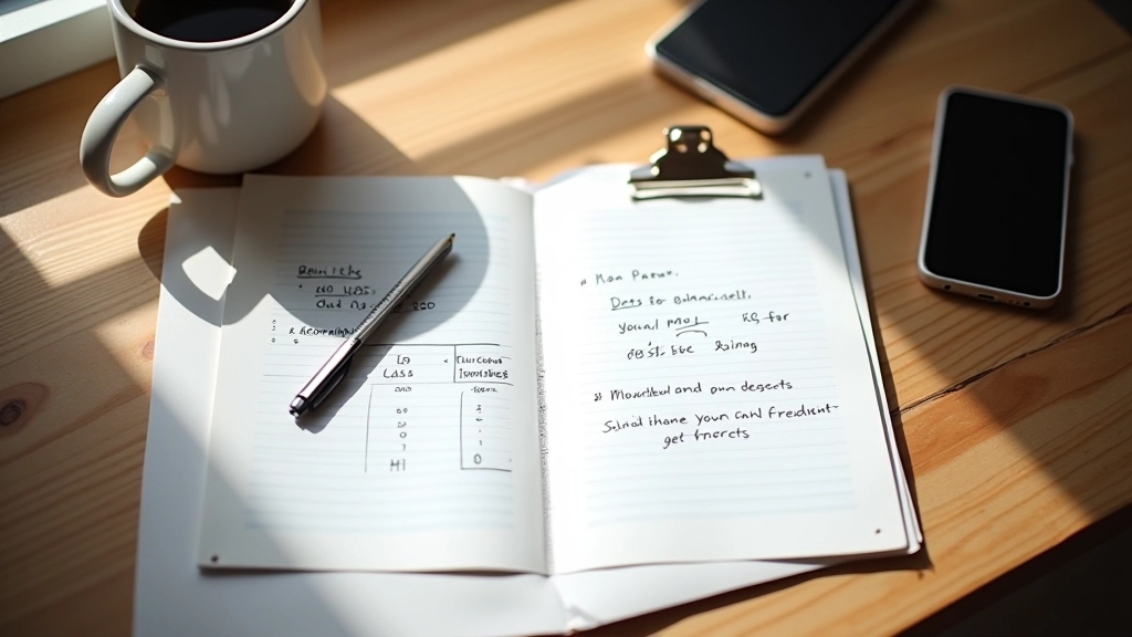 Notebook s plánováním financí na dřevěném stole, vedle něj káva a mobilní telefon