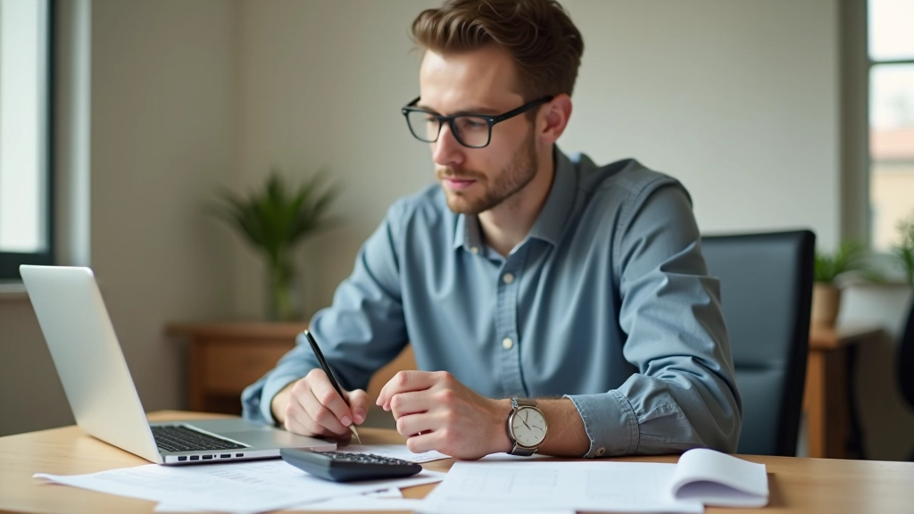 Osoba pracující s laptopem a finanční kalkulačkou na stole