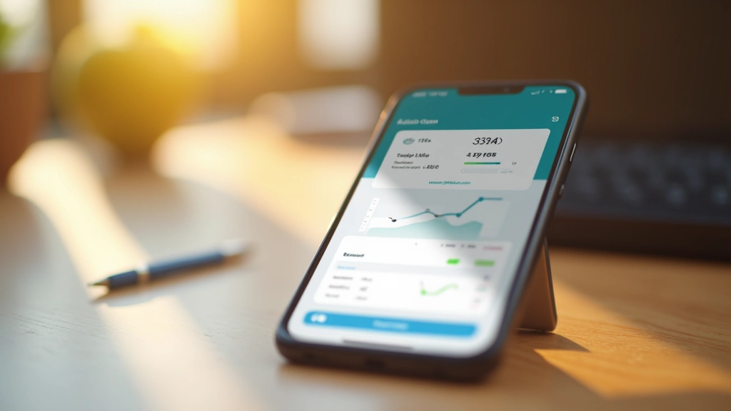 Smartphone zobrazující bankovní aplikaci s historií transakcí, dřevěný stůl, přirozené světlo