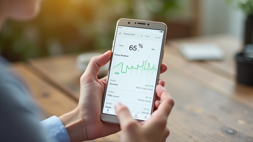 Smartphone s aplikací na sledování spoření a viditelným progresem v procentech