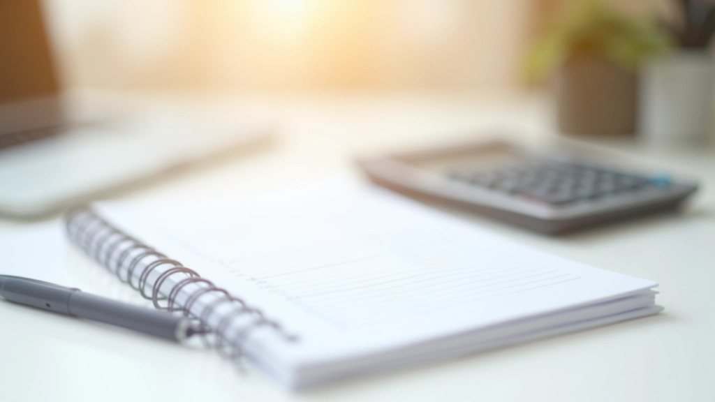 Notebook s tabulkou rozpočtu a kalkulačkou na stole, minimalistické nastavení