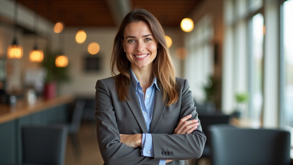 Žena sedí v kavárně s laptopem, usmívá se sebevědomě, přírodní světlo